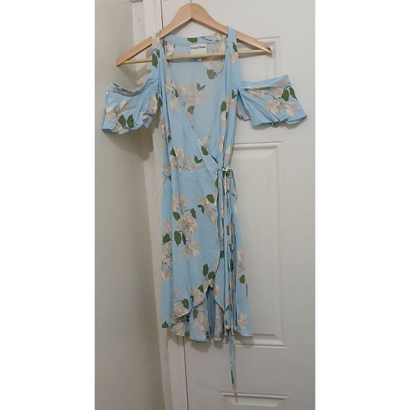 Privacy please womens small 100% viscose silk wrap dress sky blue green floral - Picture 1 of 7